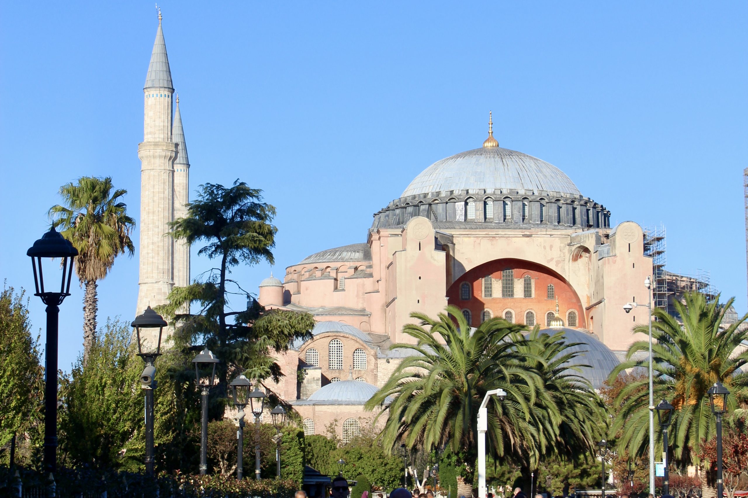 De roze Hagia Sophia verstopt achter de palmbomen.