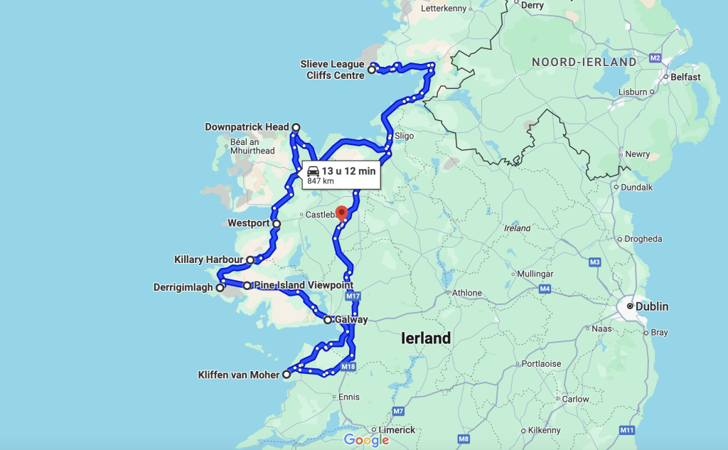 Route voor een rondreis aan de westkust van Ierland